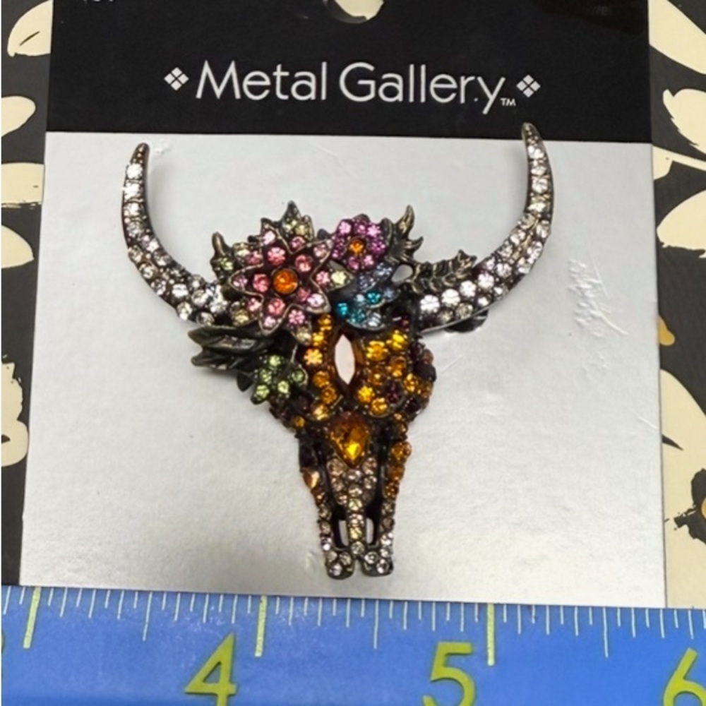 Gallery Jeweled Longhorn Skull Brooch in Clear, Orange, Pink, Green, Blue NWT